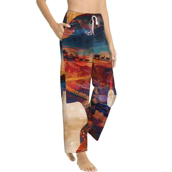 Goofa Cultural Silhouette Journey Printed Soft Pajama Pants for Women, Wide Leg Comfy Casual Lounge Yoga Pants-Large