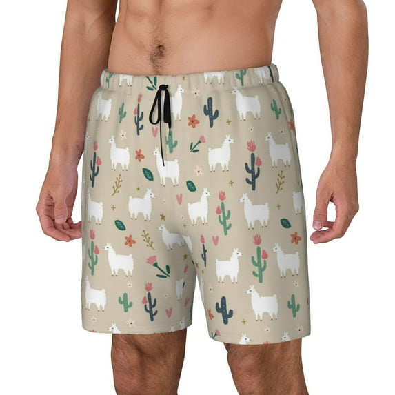 Goofa Cute Alpaca Printed Men's Swim Trunks Board Shorts Quick Dry Mens Swimming Trunks with Compression Liner,Breathable Fit Hawaii Beach Shorts-3X-Large