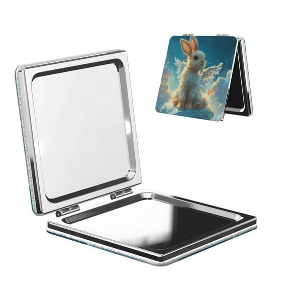 Goofa Cute Angel Winged Rabbit Pattern Pocket Mirror, Portable Makeup Mirror,Travel Makeup Mirror,Dual-Sided Compact Mirror,Gift Makeup Mirror-Square