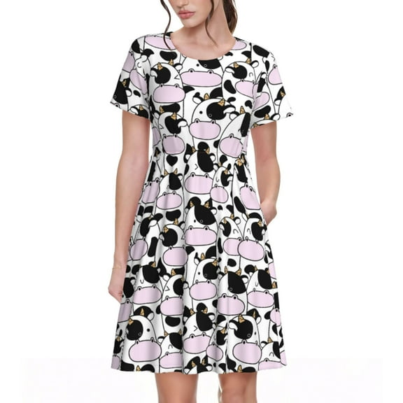 Goofa Cute Animal with Cow Pattern Women Summer Short Sleeve Midi Dress with Pockets Casual Aline Flowy Tshirt Dress Vocation Beach Sundress