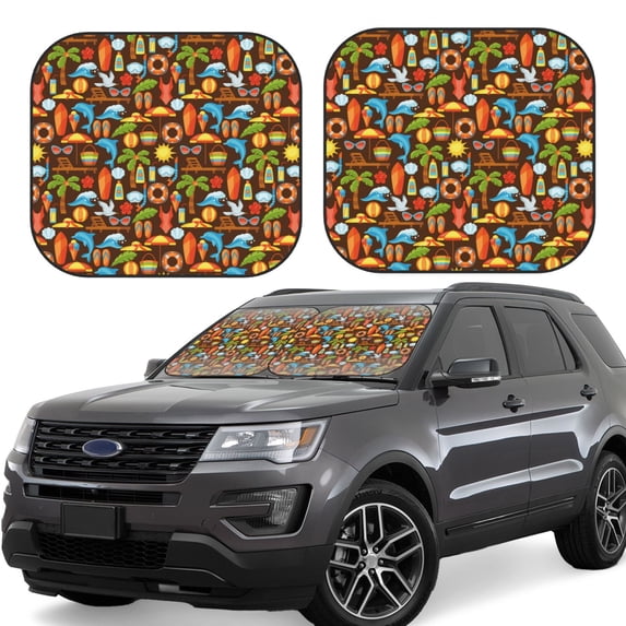 Goofa Cute Beach Dolphin Pattern 2 Piece Car Windshield Sun Shade Foldable | Front Windshield Shade for Sun, Heat and UV Rays | Sunshade for Car Front Window-