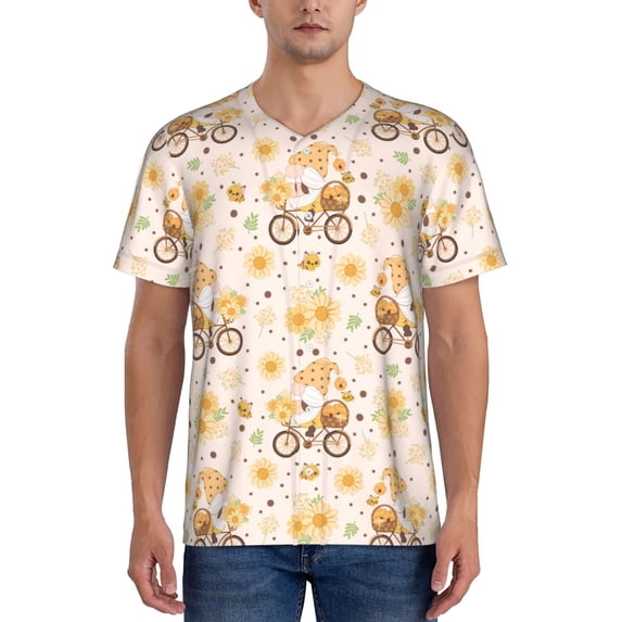 Goofa Cute Bee Gnome Pattern Mens Golf Shirt Baseball T-shirt Moisture Wicking Dry Fit Performance Sport Short Sleeve Striped Golf Polo Shirts-4X-Large