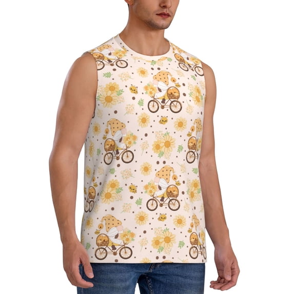 Goofa Cute Bee Gnome Printed Men's Sleeveless T-Shirt - Athletic Gym Workout Tank Top for Men - Moisture-Wicking, UPF 30+ Quick-Dry Muscle Tee-Small