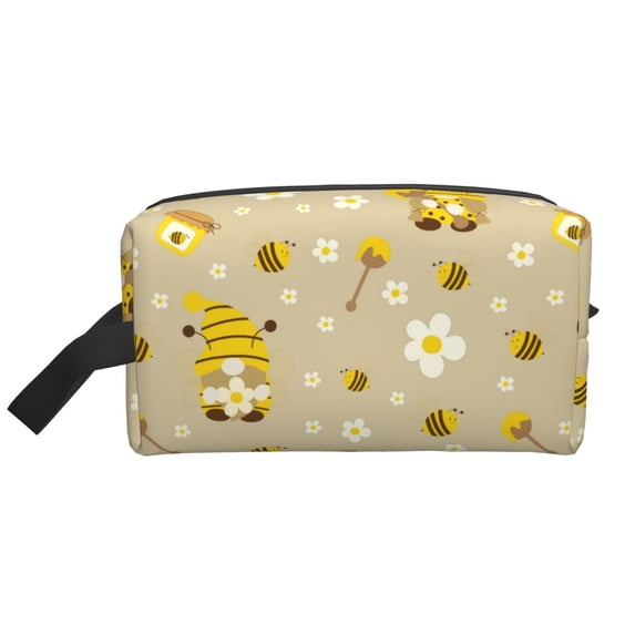 Goofa Cute Bee Gnomes Printed Toiletry Bag with Handle,Large Capacity Travel Makeup Cosmetic Bag for Women, Carry on Airport Airline Compliant Bag