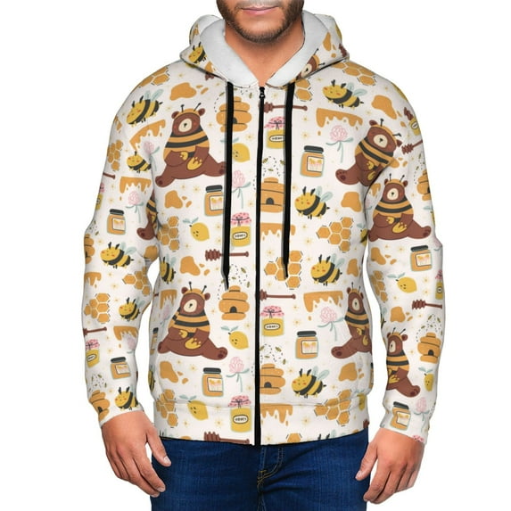 Goofa Cute Bee Honey Jar Hive Bear Pattern Mens Full-zip Hoodie, Zip-up Pullover Hooded Sweatshirt, Kangaroo Pocket Hoodie Ideal for Daily Wear, Travel, and Home-X-Large