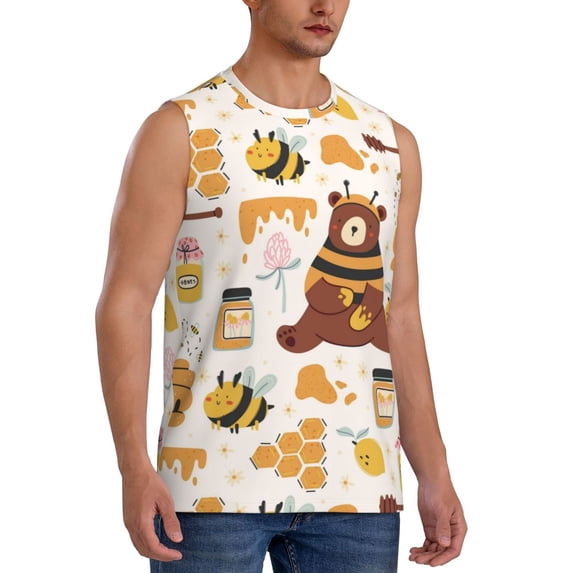 Goofa Cute Bee Honey Jar Hive Bear Printed Men's Sleeveless T-Shirt - Athletic Gym Workout Tank Top for Men - Moisture-Wicking, UPF 30+ Quick-Dry Muscle Tee-