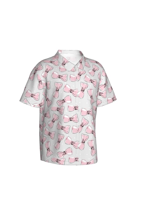 Cute Bow Tie Hawaiian Shirt for Men, Unisex Summer Beach Casual Short Sleeve Button Down Shirts,Aloha Tropical Floral print shirt-Large