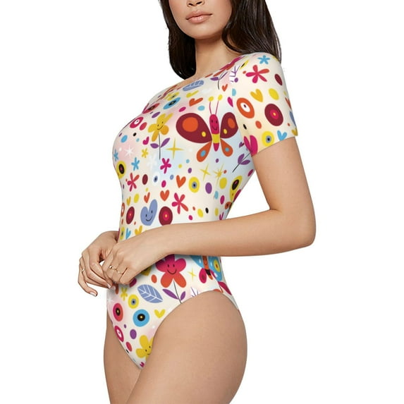 Goofa Cute Butterfly Flowers Printed Women Rash Guard Short Sleeve,Tummy control Swimsuit Surfing Swimsuit Bathing Suit One Piece Swimsuit UPF 50-Small