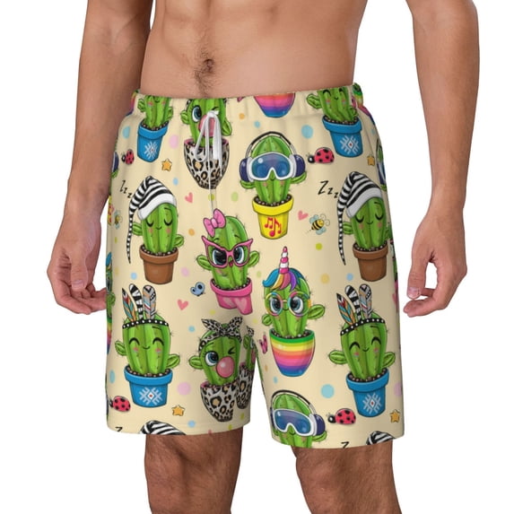 Goofa Cute Cartoon Cactus Printed Men's Swim Trunks Board Shorts Quick Dry Mens Swimming Trunks with Compression Liner,Breathable Fit Hawaii Beach Shorts-Large
