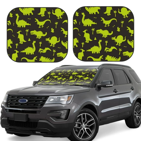 Goofa Cute Cartoon Dinosaurs Green Silhouette Pattern 2 Piece Car Windshield Sun Shade Foldable | Front Windshield Shade for Sun, Heat and UV Rays | Sunshade for Car Front Window-