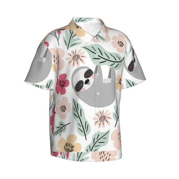 Goofa Cute Cartoon Sloth Hawaiian Shirt for Men, Unisex Summer Beach Casual Short Sleeve Button Down Shirts,Aloha Tropical Floral print shirt-Small