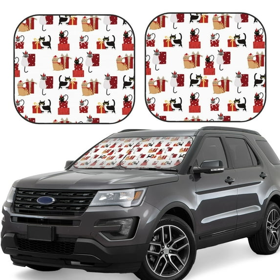 Goofa Cute Cat And Christmas Gift Pattern 2 Piece Car Windshield Sun Shade Foldable | Front Windshield Shade for Sun, Heat and UV Rays | Sunshade for Car Front Window-Large