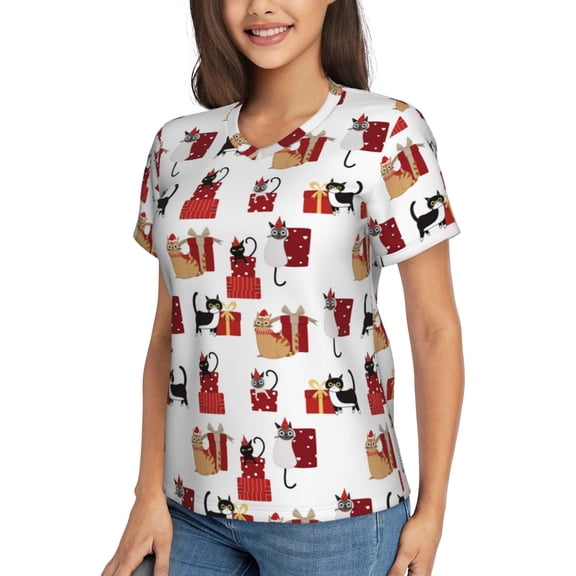 Goofa Cute Cat And Christmas Gift Pattern Women's Slim-Fit Short-Sleeve V-Neck T-Shirt,Classic-Fit Short-Sleeve V-Neck T-Shirt-Small