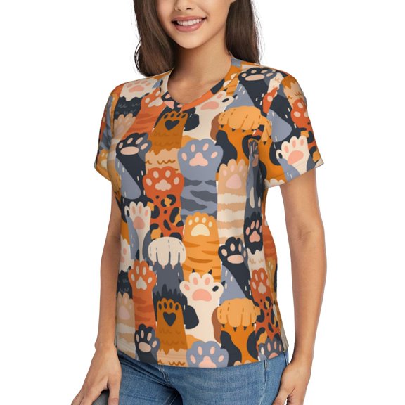 Goofa Cute Cat Paw Pattern Women's Slim-Fit Short-Sleeve V-Neck T-Shirt,Classic-Fit Short-Sleeve V-Neck T-Shirt-X-Large