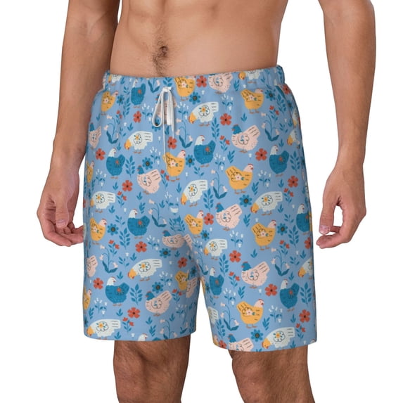 Goofa Cute Chickens and Flowers Printed Men's Swim Trunks Board Shorts Quick Dry Mens Swimming Trunks with Compression Liner,Breathable Fit Hawaii Beach Shorts-X-Large