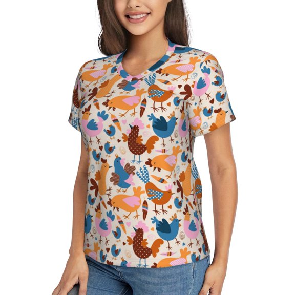 Goofa Cute Chickens Pattern Women's Slim-Fit Short-Sleeve V-Neck T-Shirt,Classic-Fit Short-Sleeve V-Neck T-Shirt-Medium