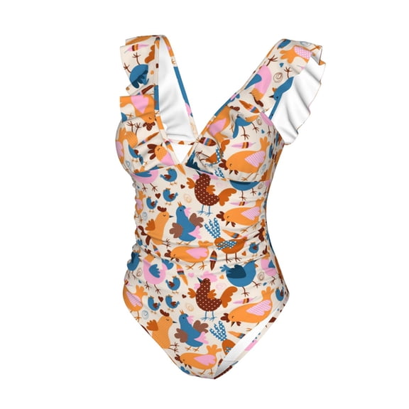 Goofa Cute Chickens Print Women's Ruffled One Piece Swimsuit V Neck