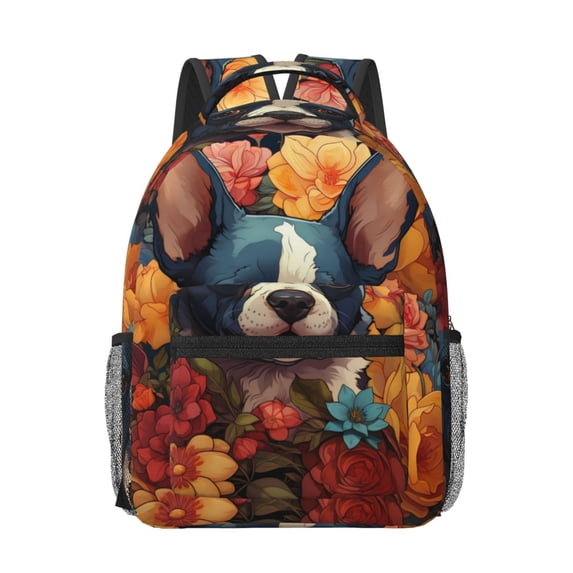 Goofa Cute Colorful Flower French Bulldog Pattern Comfortable Student Backpack - Ergonomic Design, Durable, Water-Resistant, Multi-Compartment,Travel, and Outdoor Activities