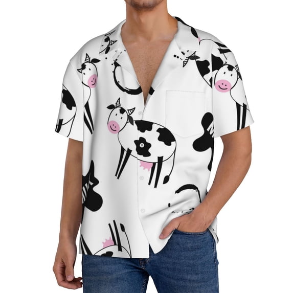 Goofa Cute Cow and Milk Stains Printed Men's Casual Short-sleeved Shirt,Lightweight Breathable Button-down,Summer Casual men's top,Versatile Fashion shirt-XX-Large