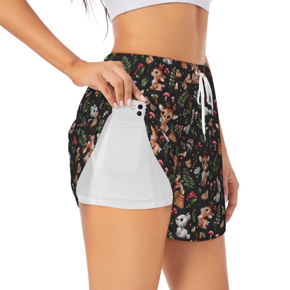 Goofa Cute Deer Printed Women 2 in 1 Running Shorts,Quick Dry Athletic Workout Shorts,High Waisted Athletic Shorts with Liner Pockets-Medium
