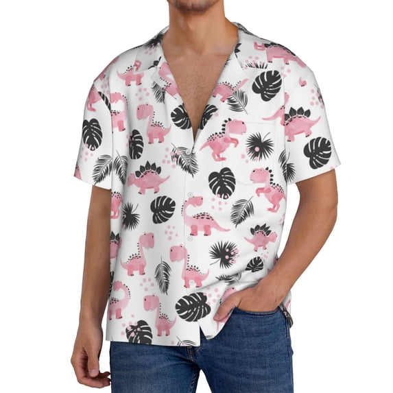 Goofa Cute Dinosaur Printed Men's Casual Short-sleeved Shirt,Lightweight Breathable Button-down,Summer Casual men's top,Versatile Fashion shirt-X-Large