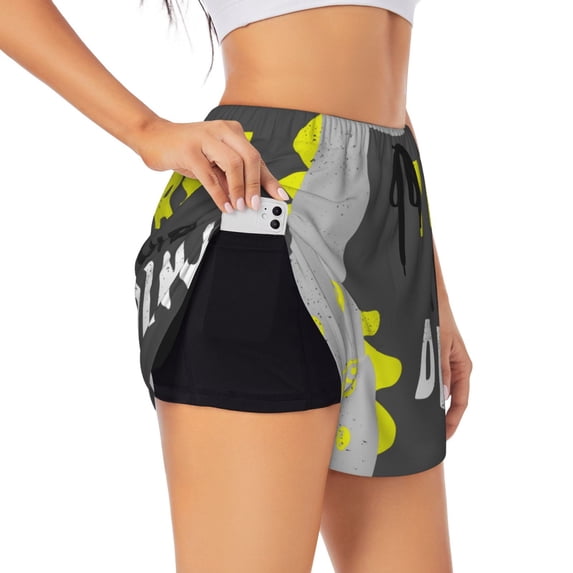 Goofa Cute Dinosaur Printed Women 2 in 1 Running Shorts,Quick Dry Athletic Workout Shorts,High Waisted Athletic Shorts with Liner Pockets-