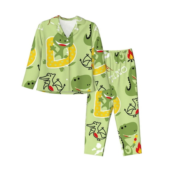 Goofa Cute Dinosaurs Cartoon Printed Women’s 2 Piece Pajama Set Super,Pajamas Women's Long Sleeve Sleepwear Soft Button Down Loungewear Pjs Lounge Set Nightwear-Small