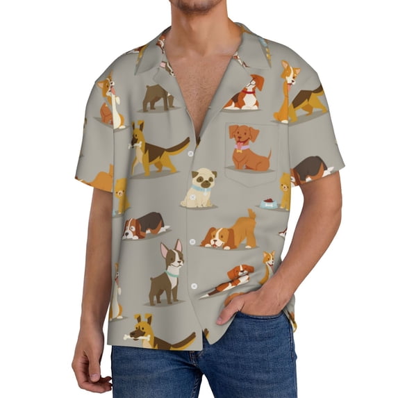 Goofa Cute Dog Printed Men's Casual Short-sleeved Shirt,Lightweight Breathable Button-down,Summer Casual men's top,Versatile Fashion shirt-Small