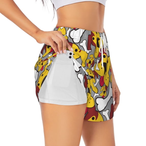 Goofa Cute Dog Printed Women 2 in 1 Running Shorts,Quick Dry Athletic Workout Shorts,High Waisted Athletic Shorts with Liner Pockets-Large