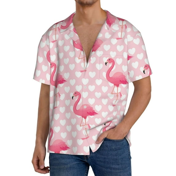 Goofa Cute Flamingo with Heart Printed Men's Casual Short-sleeved Shirt,Lightweight Breathable Button-down,Summer Casual men's top,Versatile Fashion shirt-3X-Large