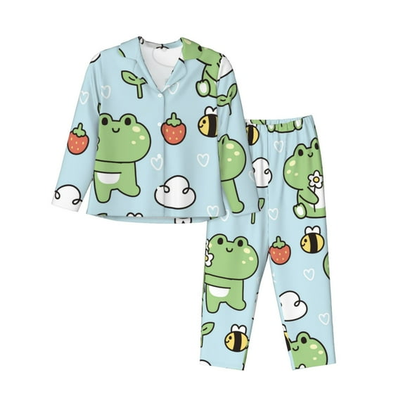 Goofa Cute Floral Frog Printed Women’s 2 Piece Pajama Set Super,Pajamas Women's Long Sleeve Sleepwear Soft Button Down Loungewear Pjs Lounge Set Nightwear-Medium