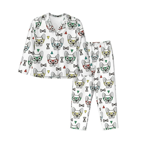 Goofa Cute French Bulldog Printed Women’s 2 Piece Pajama Set Super,Pajamas Women's Long Sleeve Sleepwear Soft Button Down Loungewear Pjs Lounge Set Nightwear-Small