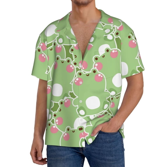 Goofa Cute Frog2 Printed Men's Casual Short-sleeved Shirt,Lightweight Breathable Button-down,Summer Casual men's top,Versatile Fashion shirt-