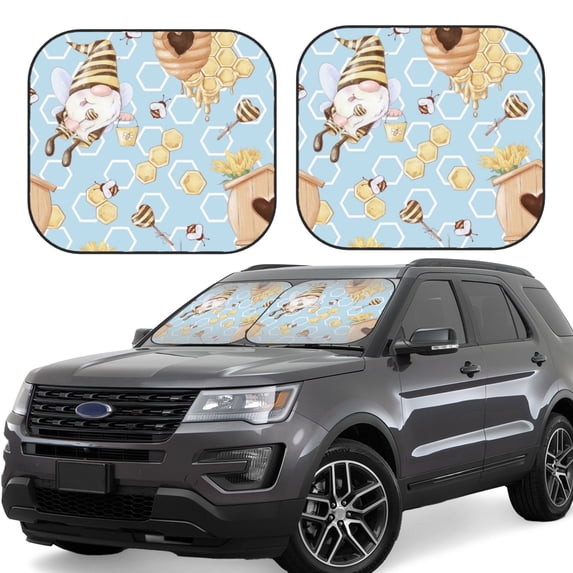 Goofa Cute Gnome Bee Collects Honey Pattern 2 Piece Car Windshield Sun Shade Foldable | Front Windshield Shade for Sun, Heat and UV Rays | Sunshade for Car Front Window-Medium