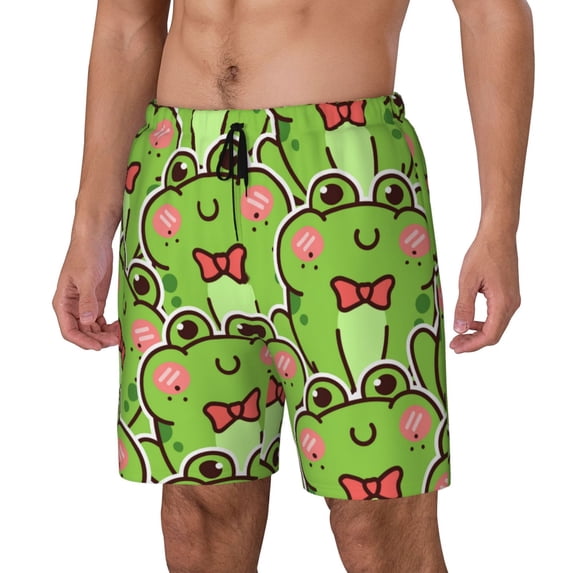 Goofa Cute Green Frog Printed Men's Swim Trunks Board Shorts Quick Dry Mens Swimming Trunks with Compression Liner,Breathable Fit Hawaii Beach Shorts-Small