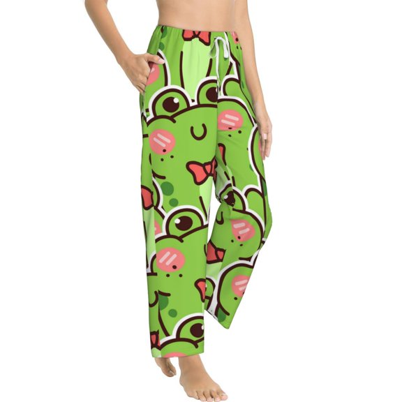 Goofa Cute Green Frog Printed Soft Pajama Pants for Women, Wide Leg Comfy Casual Lounge Yoga Pants-Large