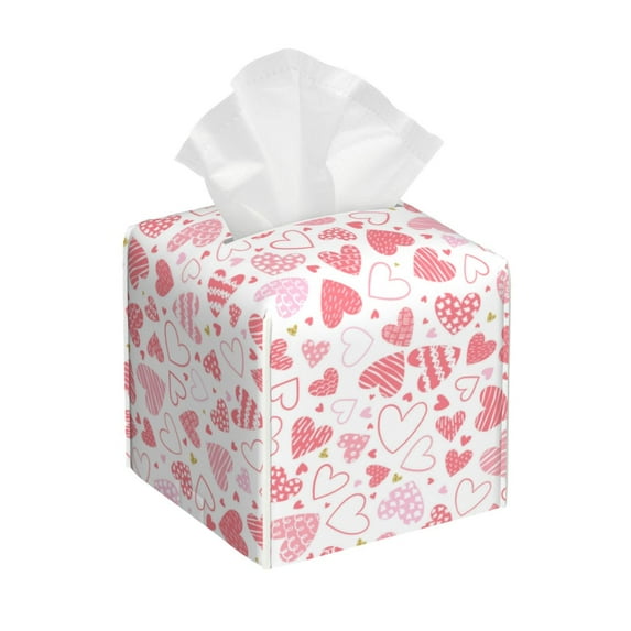 Goofa Cute Hand Drawn Hearts Tissue Box Cover PVC Leather Tissue Holder Square Facial Tissue Case Facial Paper Organizer Dispenser for Bathroom, Vanity Countertop