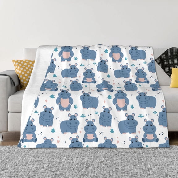 Goofa Cute Hippos Pattern Fleece Throw Blanket for Couch, Soft Checkered Flannel Blanket for Sofa, Warm Cozy Decorative Blanket Fall Decor Gift-40"x30"