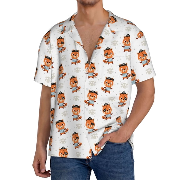 Goofa Cute Little Pirate Red Panda Printed Men's Casual Short-sleeved Shirt,Lightweight Breathable Button-down,Summer Casual men's top,Versatile Fashion shirt-4X-Large