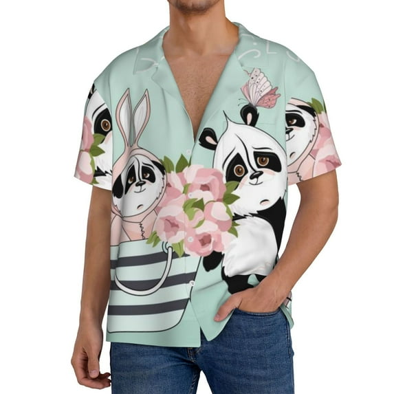 Goofa Cute Panda Printed Men's Casual Short-sleeved Shirt,Lightweight Breathable Button-down,Summer Casual men's top,Versatile Fashion shirt-