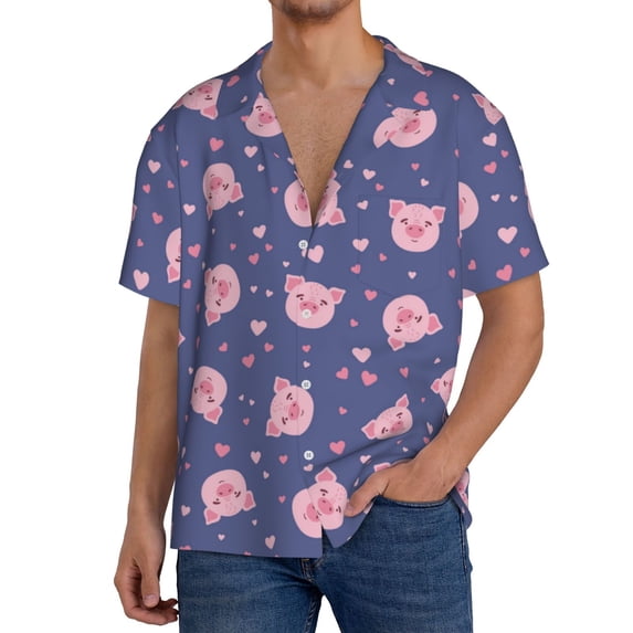 Goofa Cute Pig Printed Men's Casual Short-sleeved Shirt,Lightweight Breathable Button-down,Summer Casual men's top,Versatile Fashion shirt-X-Large