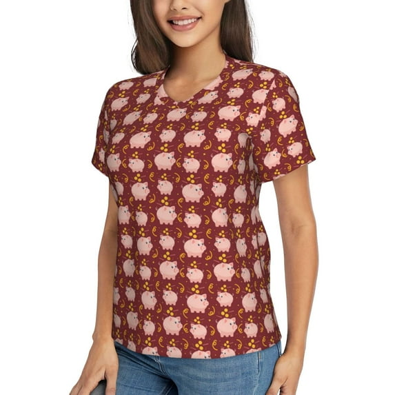 Goofa Cute Pig with Coins Pattern Women's Slim-Fit Short-Sleeve V-Neck T-Shirt,Classic-Fit Short-Sleeve V-Neck T-Shirt-Small