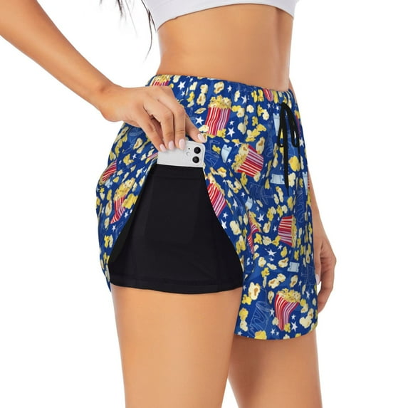 Goofa Cute Popcorn Printed Women 2 in 1 Running Shorts,Quick Dry Athletic Workout Shorts,High Waisted Athletic Shorts with Liner Pockets-Large