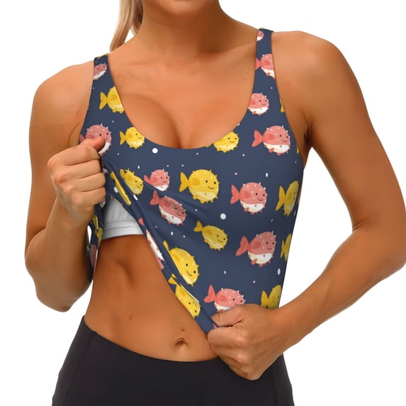 Goofa Cute Puffer Fish Printed Sports Bras for Women, High Impact Running Bra Workout Crop Tank Tops Longline Sports Bra Push up-XX-Large