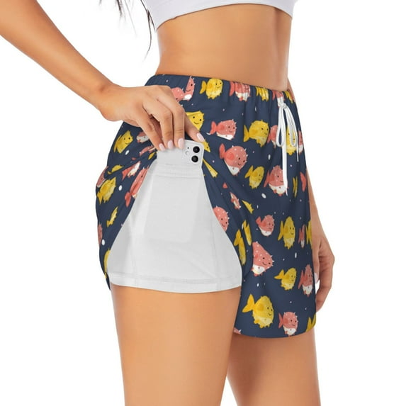 Goofa Cute Puffer Fish Printed Women 2 in 1 Running Shorts,Quick Dry Athletic Workout Shorts,High Waisted Athletic Shorts with Liner Pockets-Medium