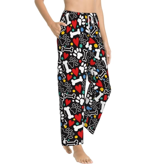 Goofa Cute Puppy Footprints Printed Soft Pajama Pants for Women, Wide Leg Comfy Casual Lounge Yoga Pants-Small