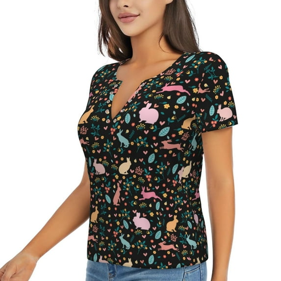 Goofa Cute Rabbit And Flower Pattern Womens Deep V Neck Low Cut Tops Casual Summer Short Sleeve Ribbed Knit T-Shirts-X-Large