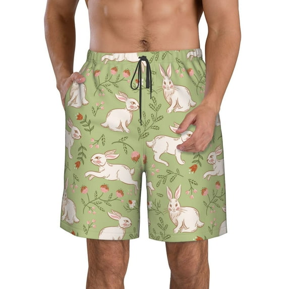 Goofa Cute Rabbit And Flower Printed Mens Swim Trunks Summer Quick Dry Short Beach Swimwear Bathing Suits-XX-Large