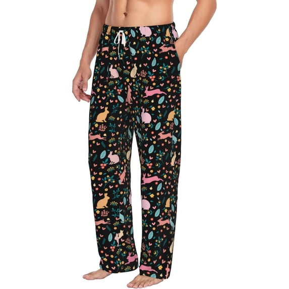 Goofa Cute Rabbit And Flower Printed Soft Pajama Pants for Men, Wide Leg Comfy Casual Lounge Yoga Pants-Large