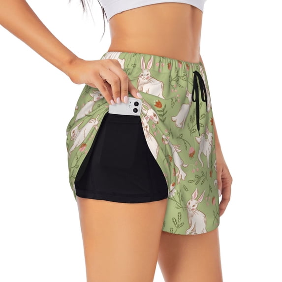 Goofa Cute Rabbit And Flower Printed Women 2 in 1 Running Shorts,Quick Dry Athletic Workout Shorts,High Waisted Athletic Shorts with Liner Pockets-Medium